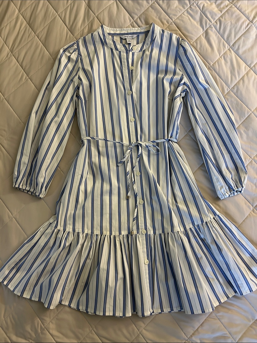 Nine West Blue and White Striped Long Sleeve Shirt Dress